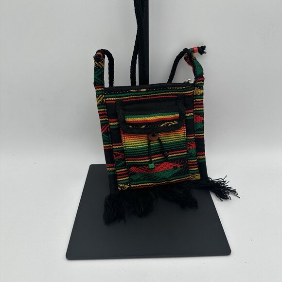 Handwoven Rasta Inspired Mini Messenger Bag With Fringe & Zipper Closure - Picture 1 of 5